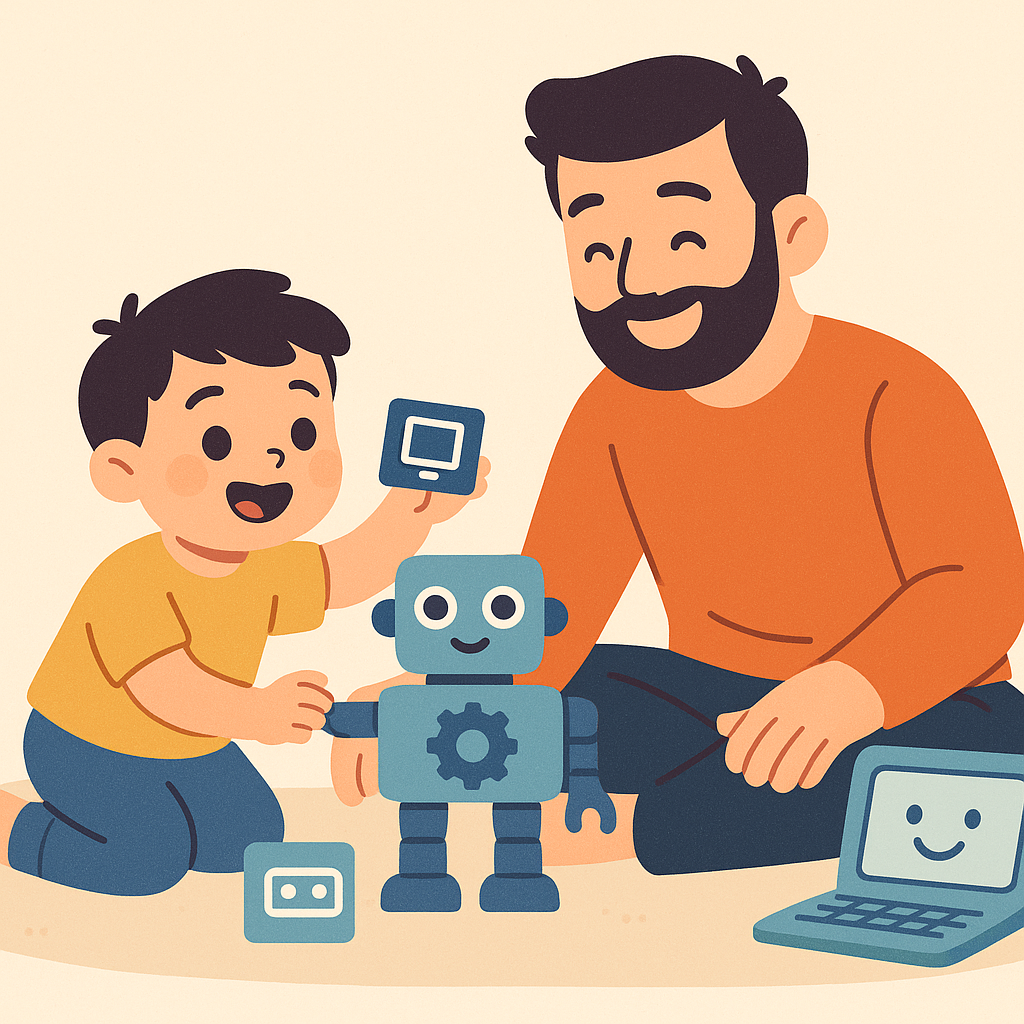 Father and son playing with tech toys