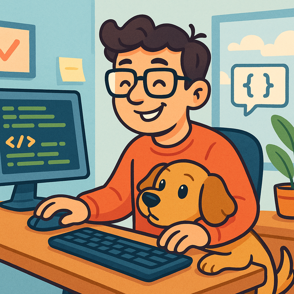 Happy coder with a dog